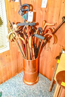 Copper Umbrella Stand with Lg Assortment of Canes; Pair of Vintage Fencing Swords