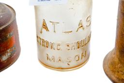 Vintage Auto Motor Heater; Atlas Strong Shoulder Mason Oil Bottle; Brass Torch