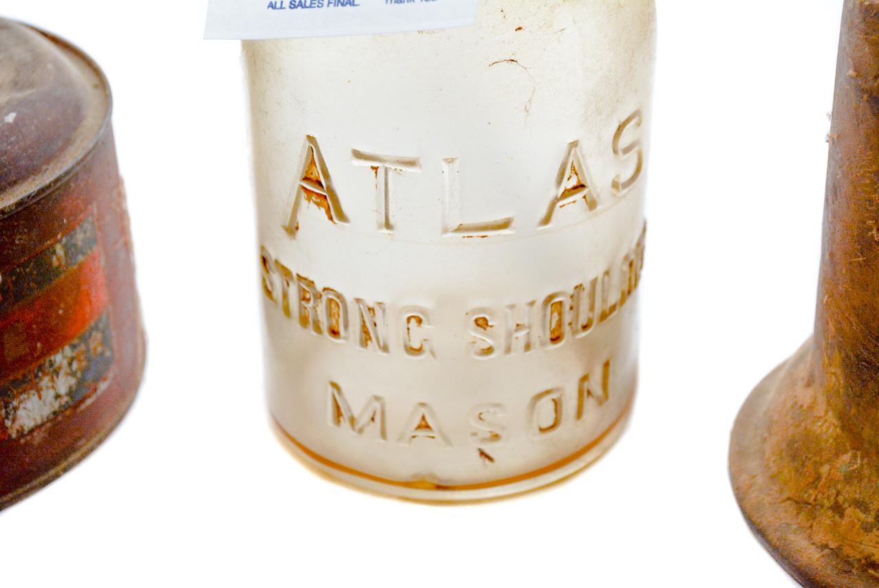 Vintage Auto Motor Heater; Atlas Strong Shoulder Mason Oil Bottle; Brass Torch
