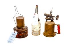 Vintage Auto Motor Heater; Atlas Strong Shoulder Mason Oil Bottle; Brass Torch