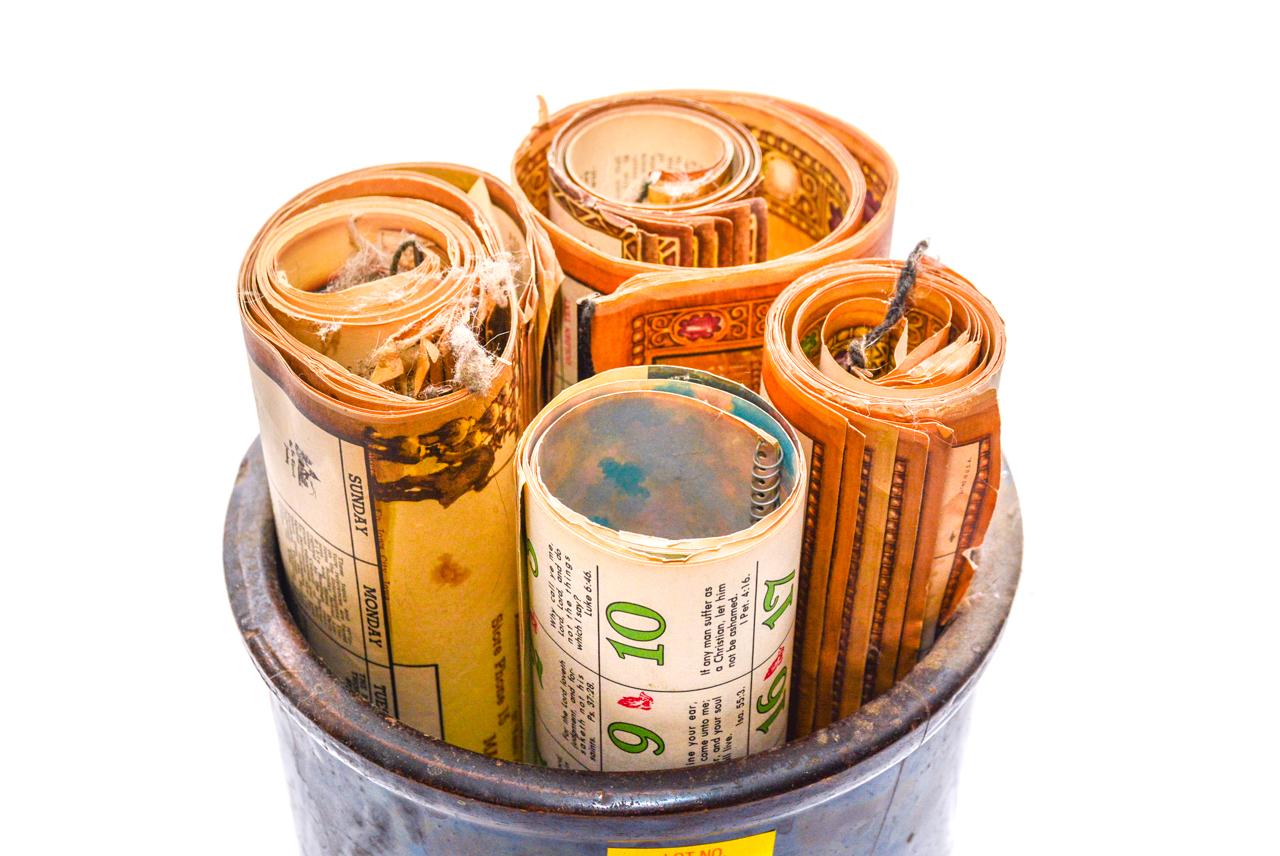Crock with Vintage Wall Calendars