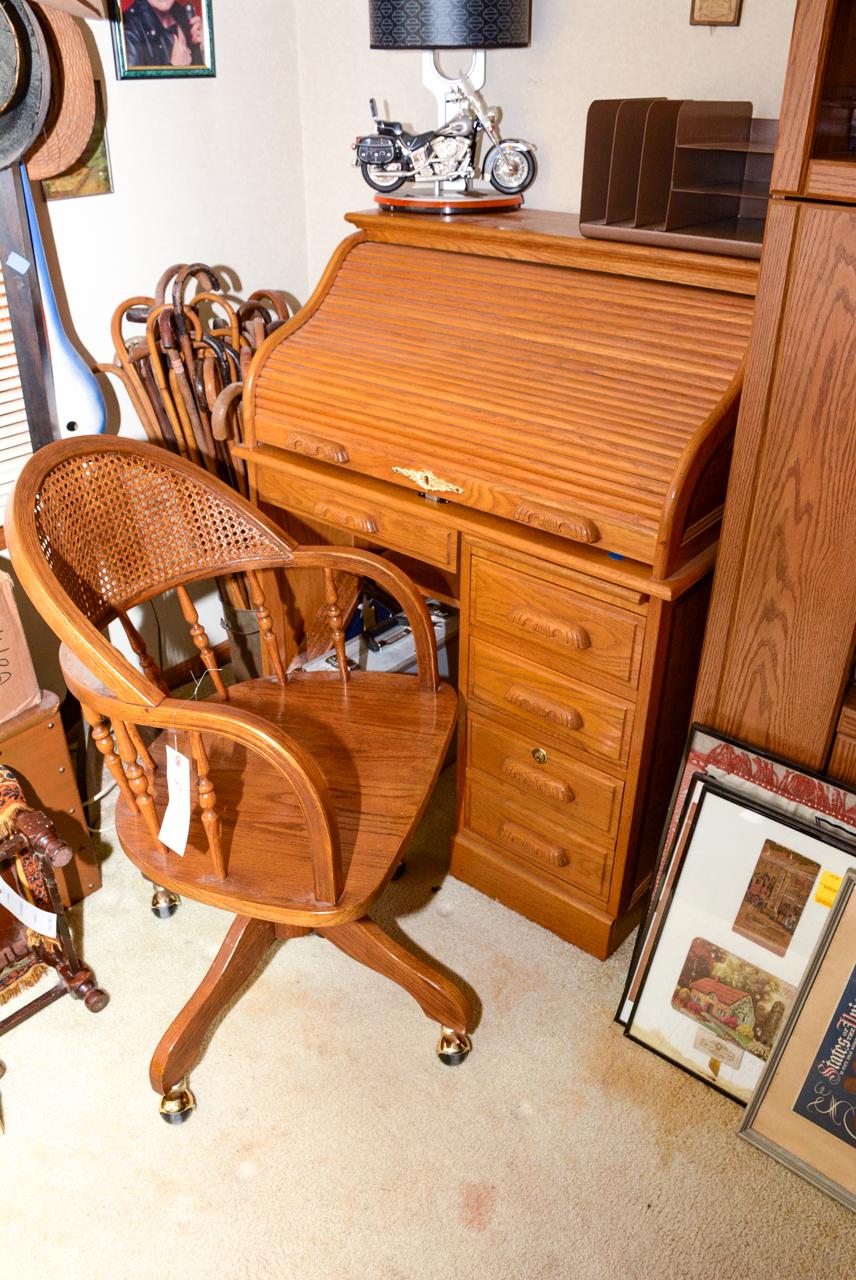 Oak Rolltop Desk and Chair