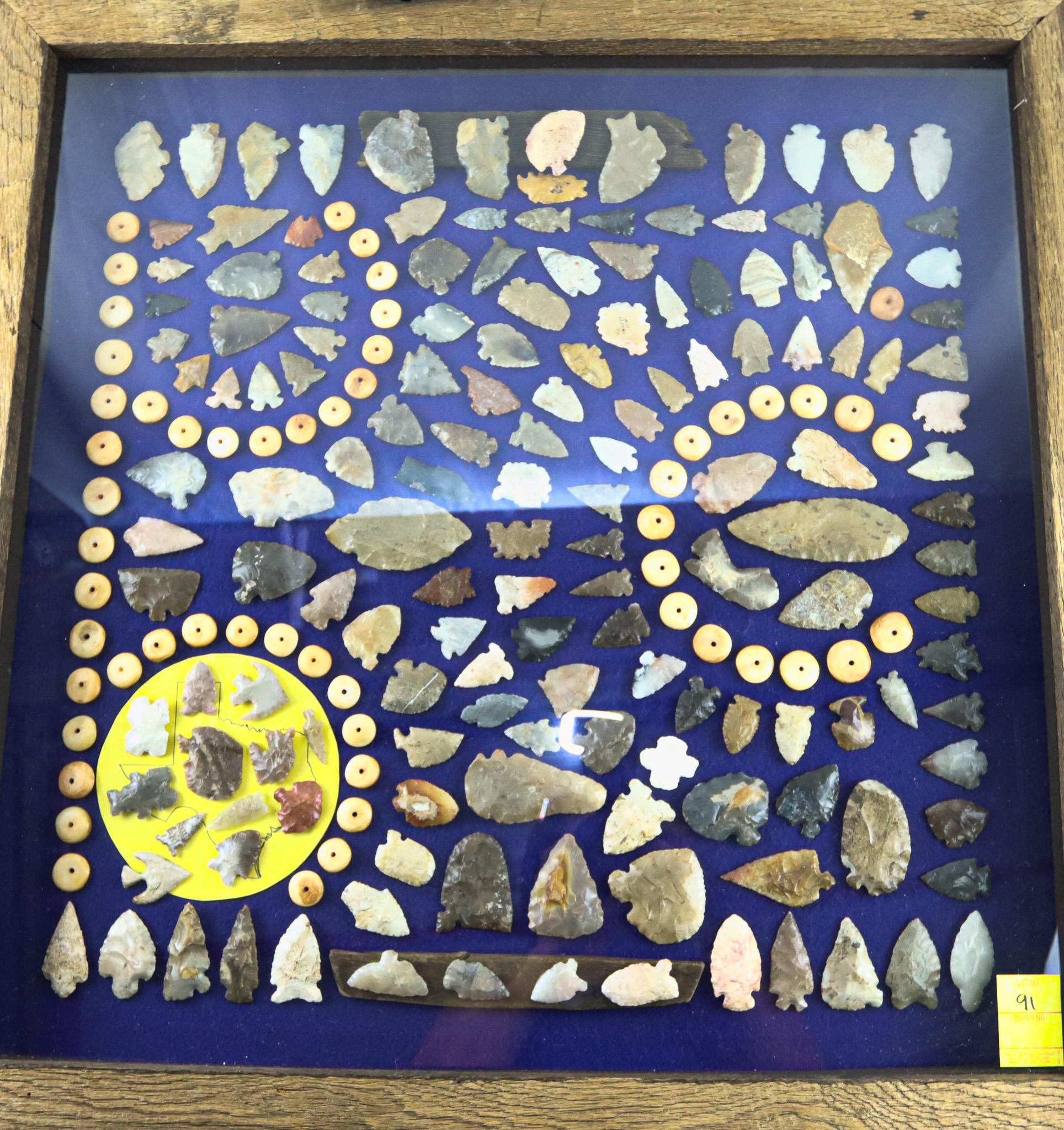 Native American Indian - Phenomenal Huge Frame Of Arrowheads, Etc.