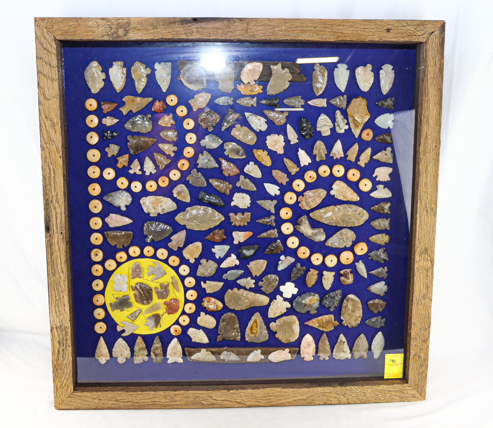Native American Indian - Phenomenal Huge Frame Of Arrowheads, Etc.
