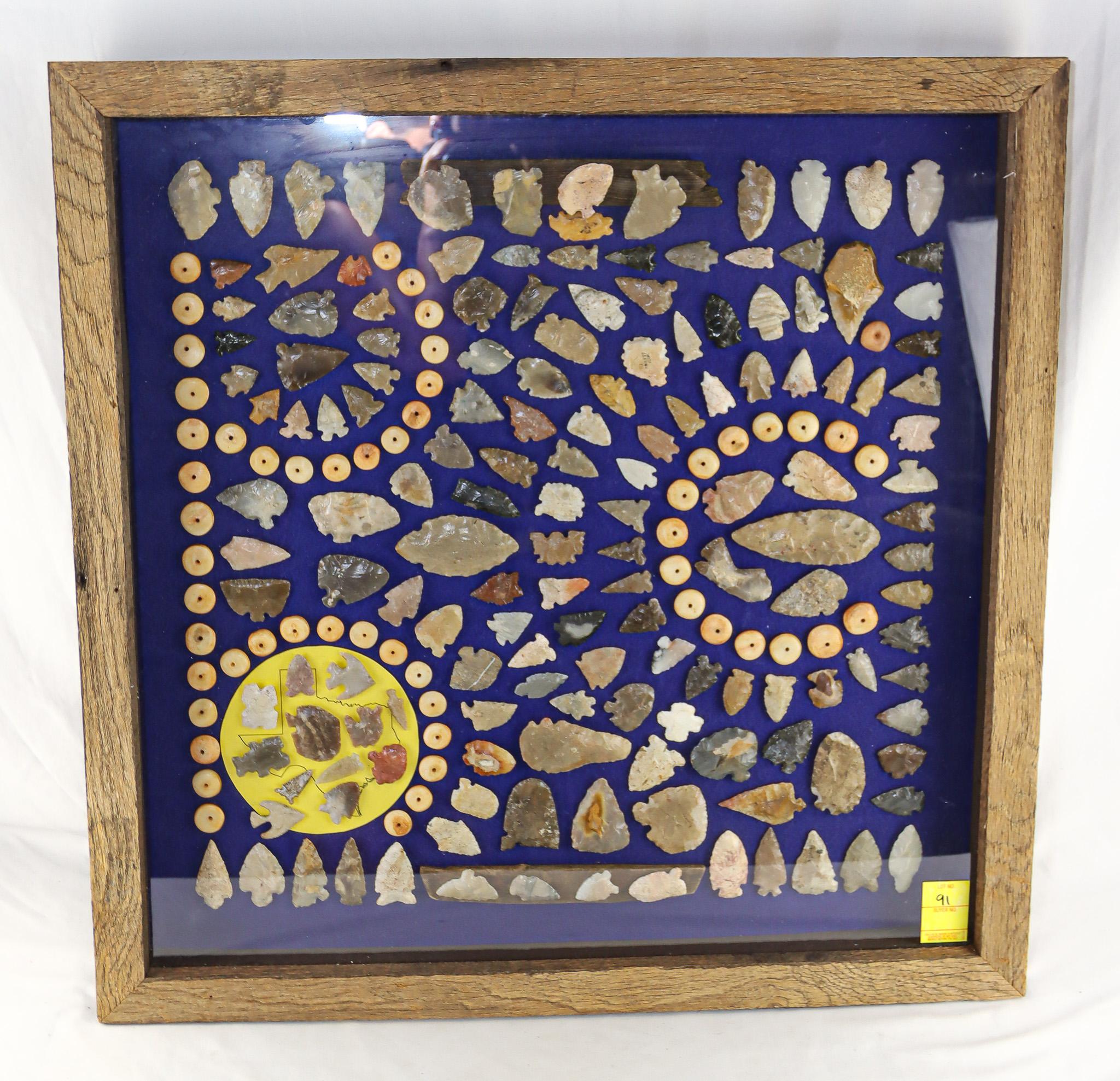 Native American Indian - Phenomenal Huge Frame Of Arrowheads, Etc.