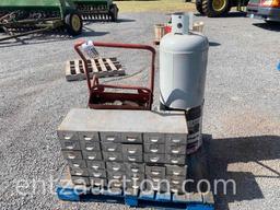 MISC LOT, TORCH CART, 2 METAL CABINETS AND
