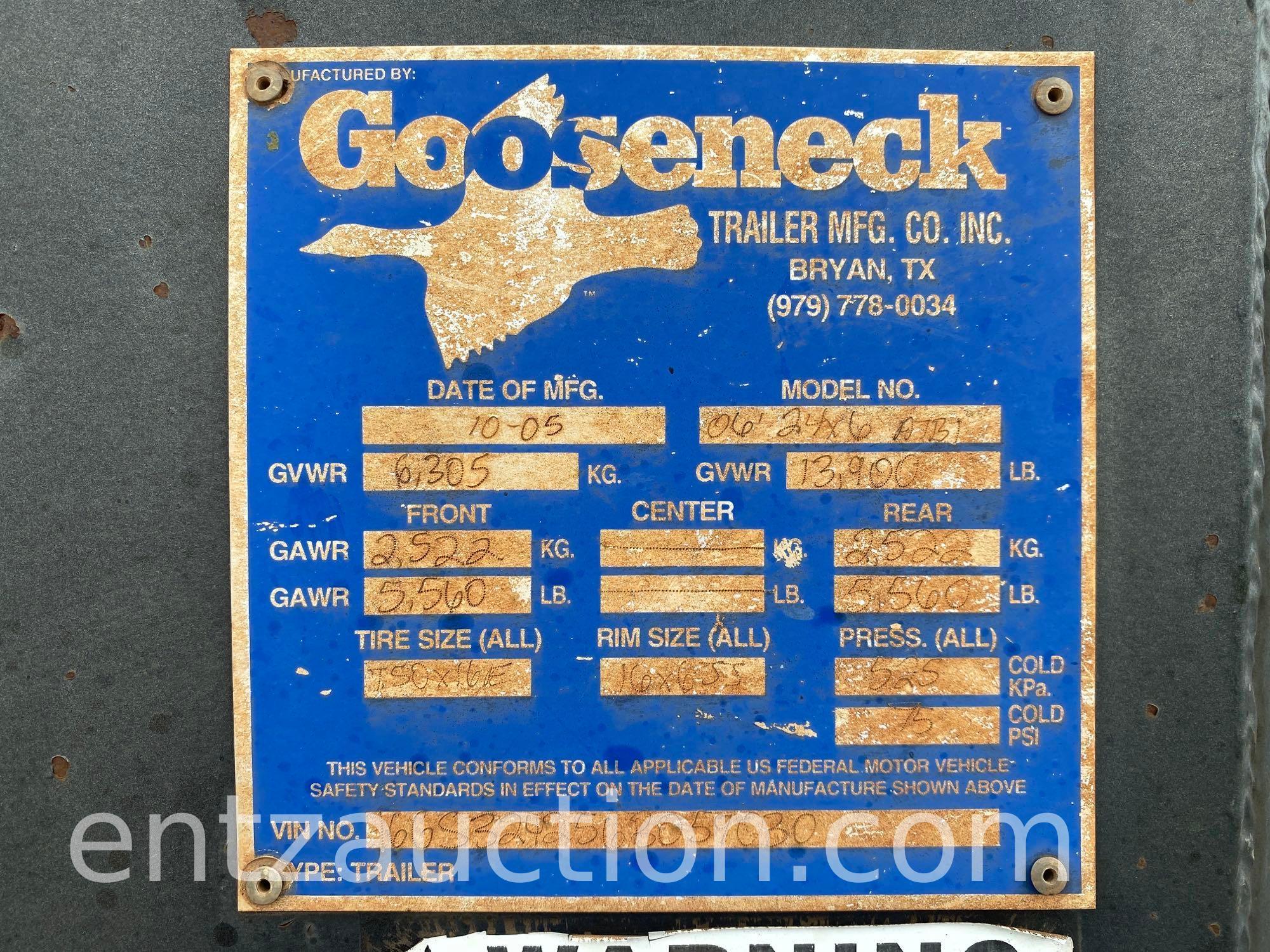 2005 GOOSENECK BAR TOP STOCK TRAILER, 6' X 24',