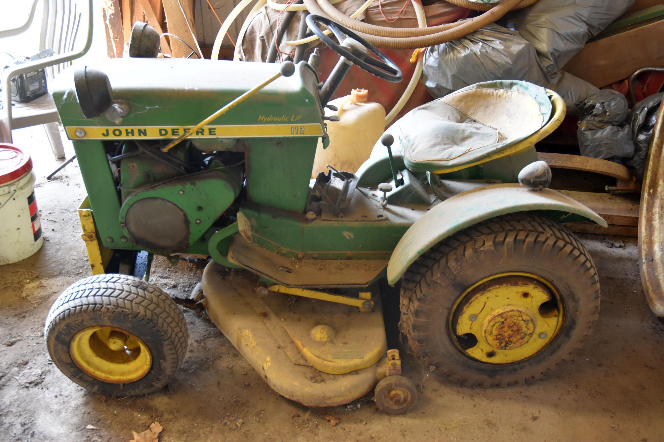 John Deere 112 Garden Tractor, Hydraulic Lift, Mower Deck And Snowblower, Wheel Weights