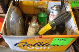 (3) Boxes Of Grease Gun, Tire Wrench, Turtle Wax, Sandpaper, Antique Hubcap