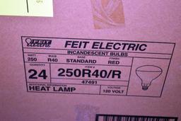 FEIT incandescent red 250Watt bulbs, full new case, 24 bulbs in case, located building 5