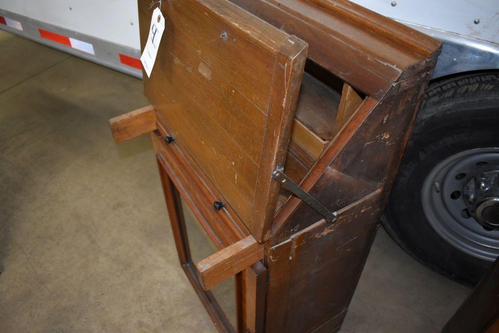 Mahogany drop down writing desk with glass door cabinet, believed to have come out of ship or
