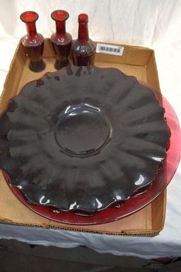Ruby Red platters, and stemmed vases