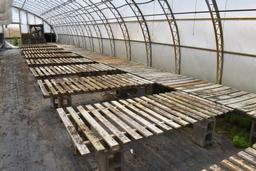 (27) 42"x7' wooden greenhouse garden benches with cinder blocks, located in GH2