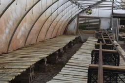 64"x64' and 48"x72' wooden greenhouse garden bench with cinder blocks, located in GH 71