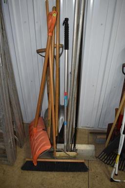 Assorted Shovels, Brooms & More