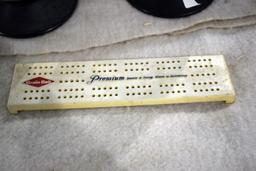 Grainbelt Beer Cribbage Board top, (2) Grain Belt Beer Candles