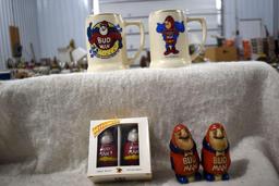 (2) Budman Mugs And (2) Budman Salt and Pepper Shakers