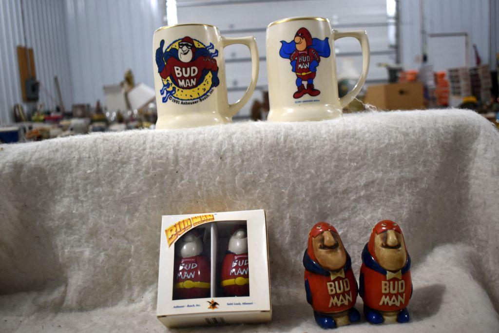 (2) Budman Mugs And (2) Budman Salt and Pepper Shakers