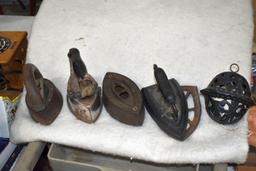 Sad Irons and Cast Iron String Holder