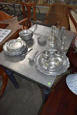 Pewter Plates, Bowls, Candle Stick Holders, Cups