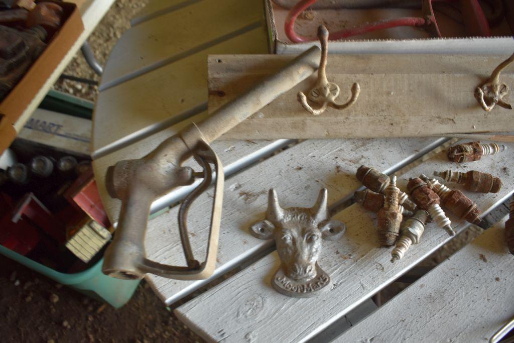 Primitive Hay Hook, Duster, Fuel Nozzle, Spark Plugs, Coat Rack