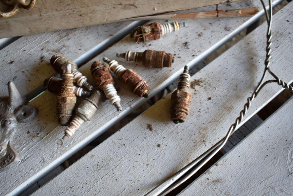 Primitive Hay Hook, Duster, Fuel Nozzle, Spark Plugs, Coat Rack