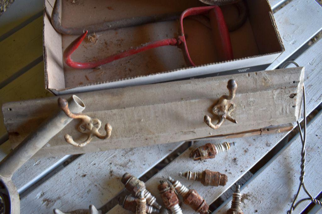 Primitive Hay Hook, Duster, Fuel Nozzle, Spark Plugs, Coat Rack
