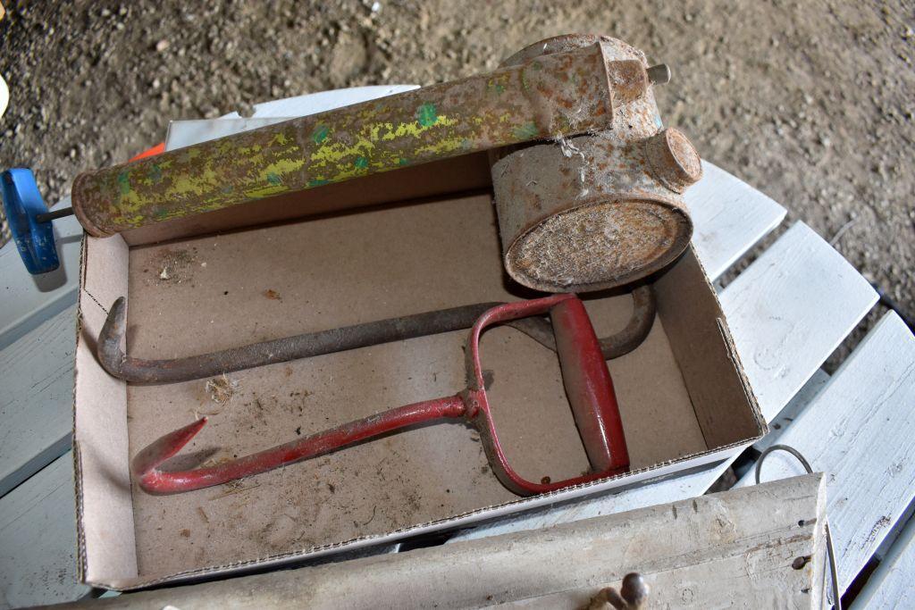 Primitive Hay Hook, Duster, Fuel Nozzle, Spark Plugs, Coat Rack