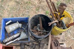 Pallet Containing: Jacks, Funnels, Pry Bars, Pipe Wrenches, Hydraulic Fittings, Other Assorted Tools