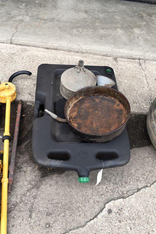 Assorted Funnels, Drain Pans, Large Poly Drain Pan