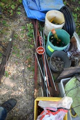 Fence Posts, Tarp, Sprinklers, Assorted Garden Items