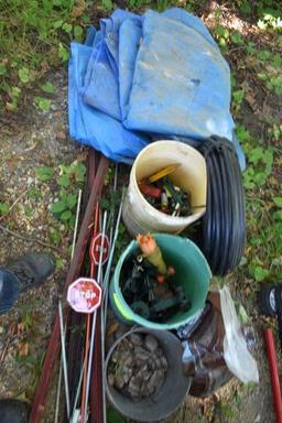 Fence Posts, Tarp, Sprinklers, Assorted Garden Items