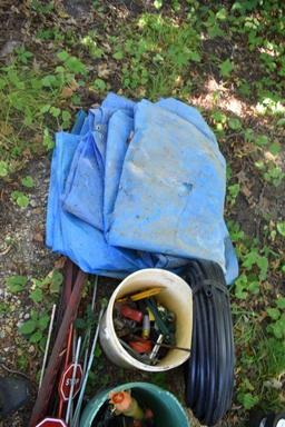 Fence Posts, Tarp, Sprinklers, Assorted Garden Items