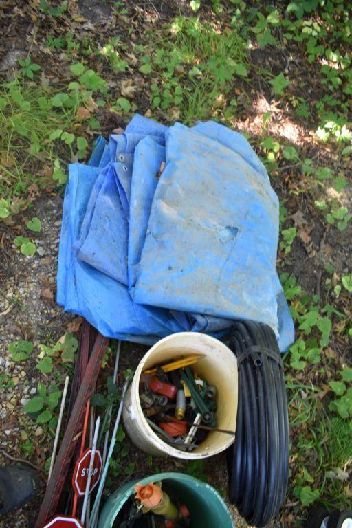 Fence Posts, Tarp, Sprinklers, Assorted Garden Items