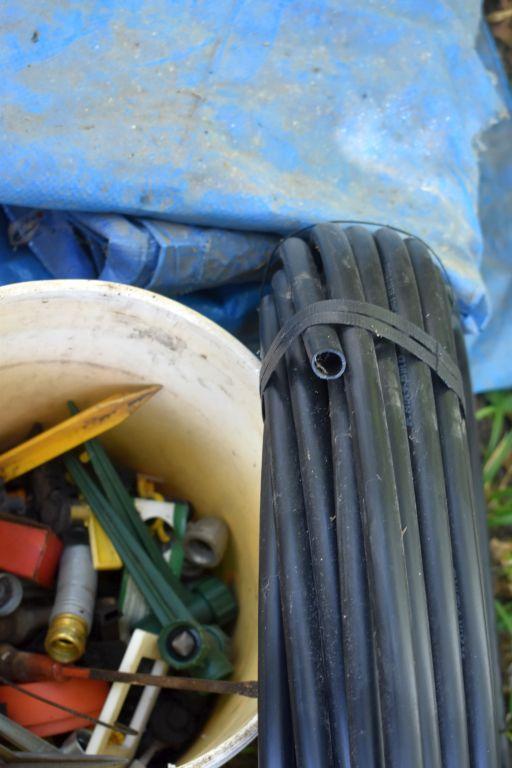 Fence Posts, Tarp, Sprinklers, Assorted Garden Items