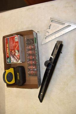 Assorted Tools: Magnetic Planer Knife Jig, Speed Square, Industrial Knife Blades, Laser Line