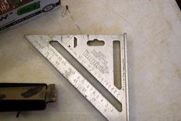 Assorted Tools: Magnetic Planer Knife Jig, Speed Square, Industrial Knife Blades, Laser Line