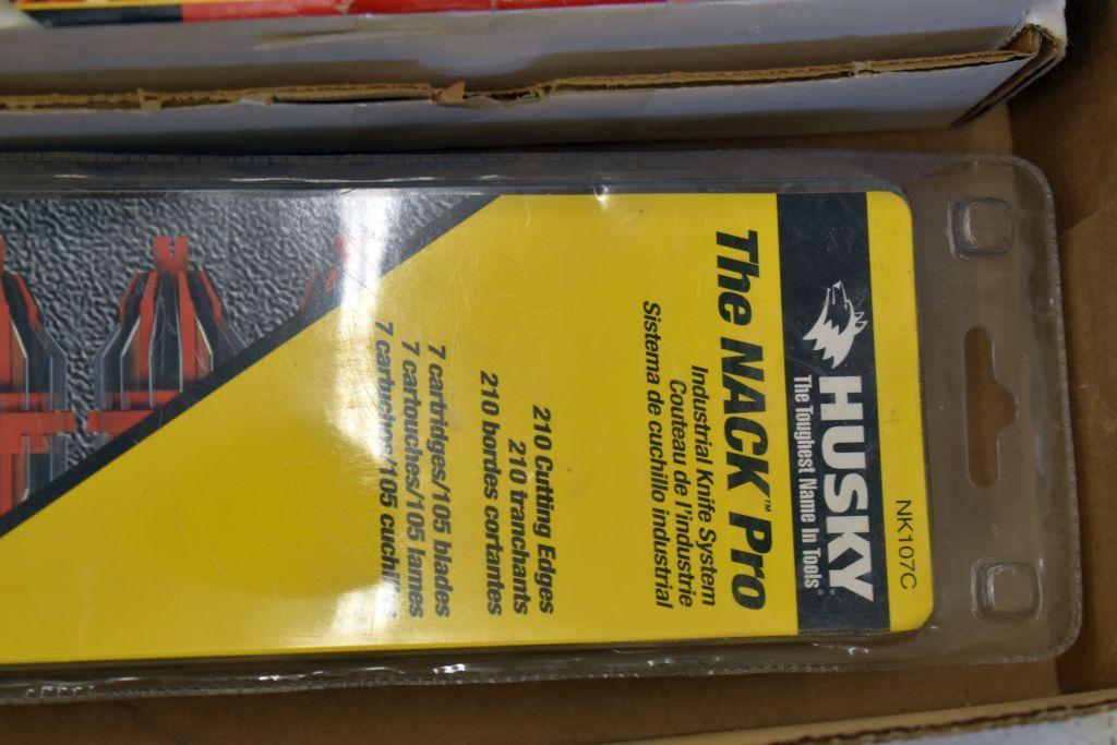 Assorted Tools: Magnetic Planer Knife Jig, Speed Square, Industrial Knife Blades, Laser Line