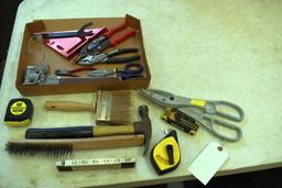 Assorted Tools: Hammer, Tin Snips, Chalk Line and More