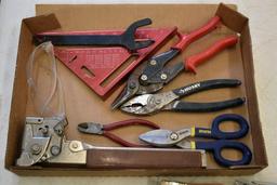 Assorted Tools: Hammer, Tin Snips, Chalk Line and More