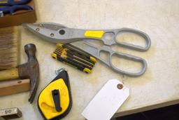 Assorted Tools: Hammer, Tin Snips, Chalk Line and More