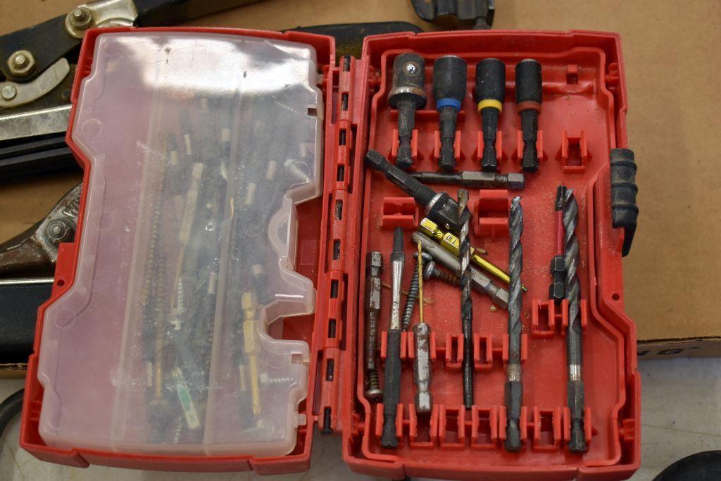 Assorted Hand Tools: Milwaukee Bits, Hammer, Stapler, Chalk Line and More