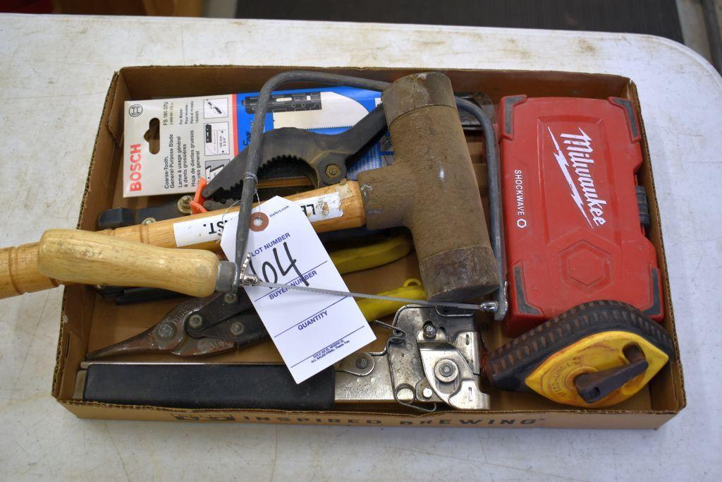 Assorted Hand Tools: Milwaukee Bits, Hammer, Stapler, Chalk Line and More
