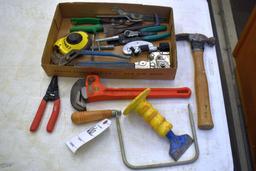 Assorted Tools: Pipe Wrench, Hammer Stapler, Tin Snips, Channel Lock and More