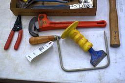Assorted Tools: Pipe Wrench, Hammer Stapler, Tin Snips, Channel Lock and More