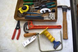 Assorted Tools: Pipe Wrench, Hammer Stapler, Tin Snips, Channel Lock and More