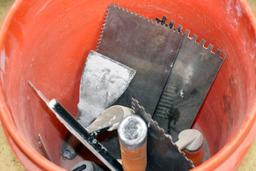 Bucket Containing Cement Trowels, Pry Bars