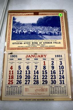 1931 Citizens State Bank, Cannon Falls, MN Calendar, Boarded and Wrapped