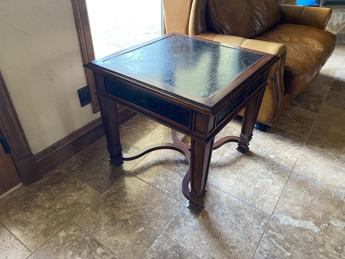 Engraved Metal and Wood End Table