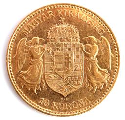 1906 HUNGARY 10 KORONA GOLD COIN